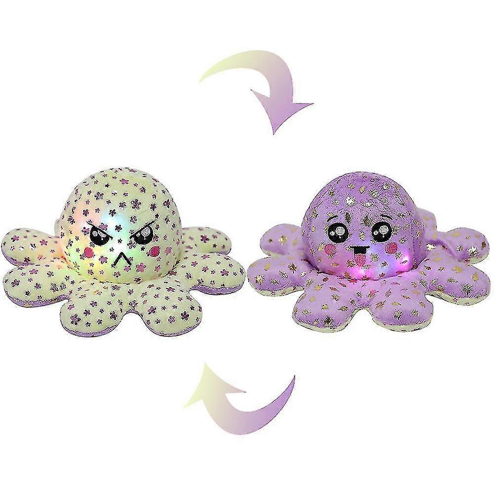 YYH-Luminous Double-sided Octopus Plush Toy, Sequin Printed Octopus With LightYello Purple