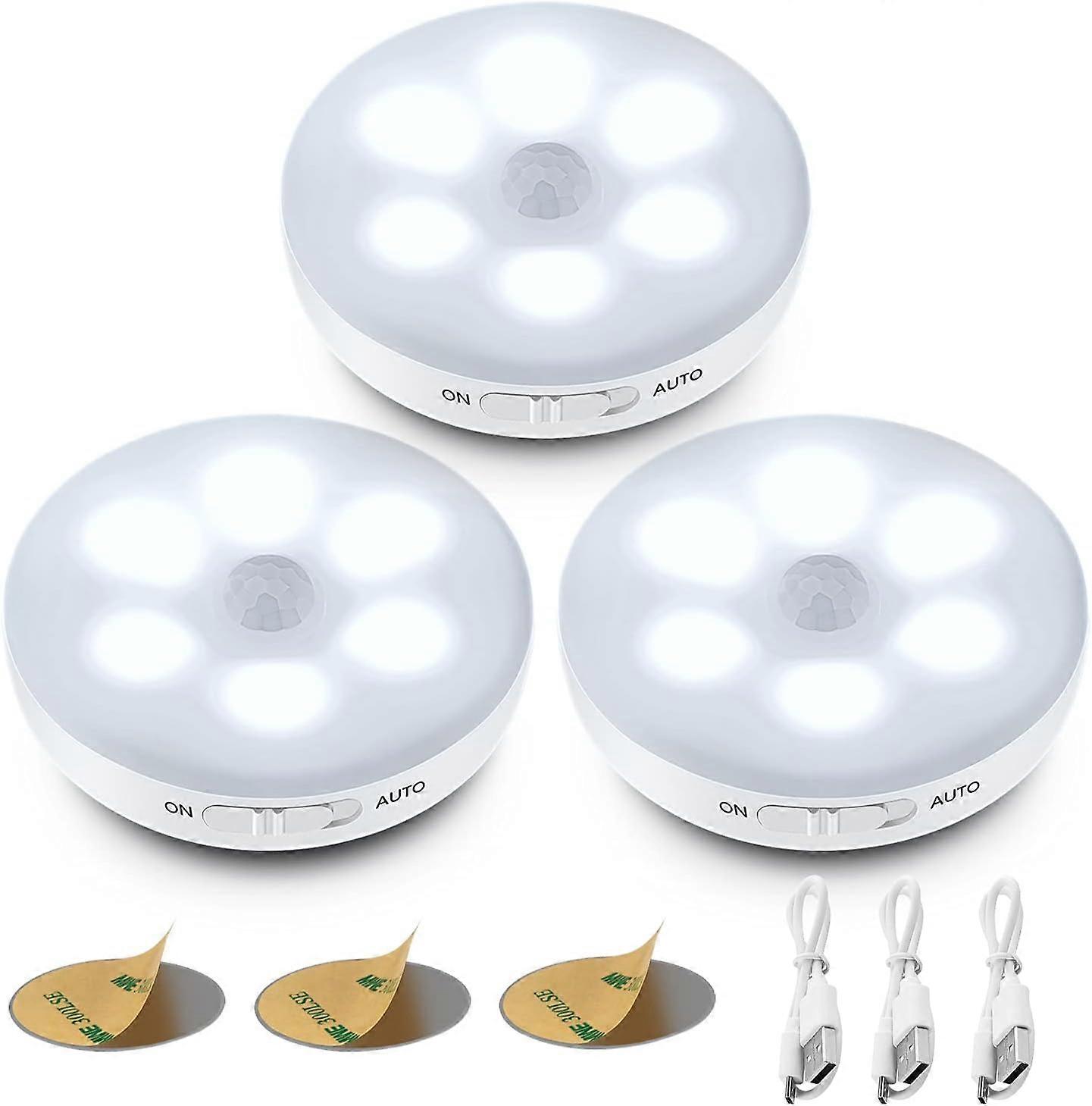 Automatic LED Night Light [3-Pack], Indoor Motion Sensor Light, 3 Modes, Self-Adhesive Light USB Rechargeable Battery, (White)