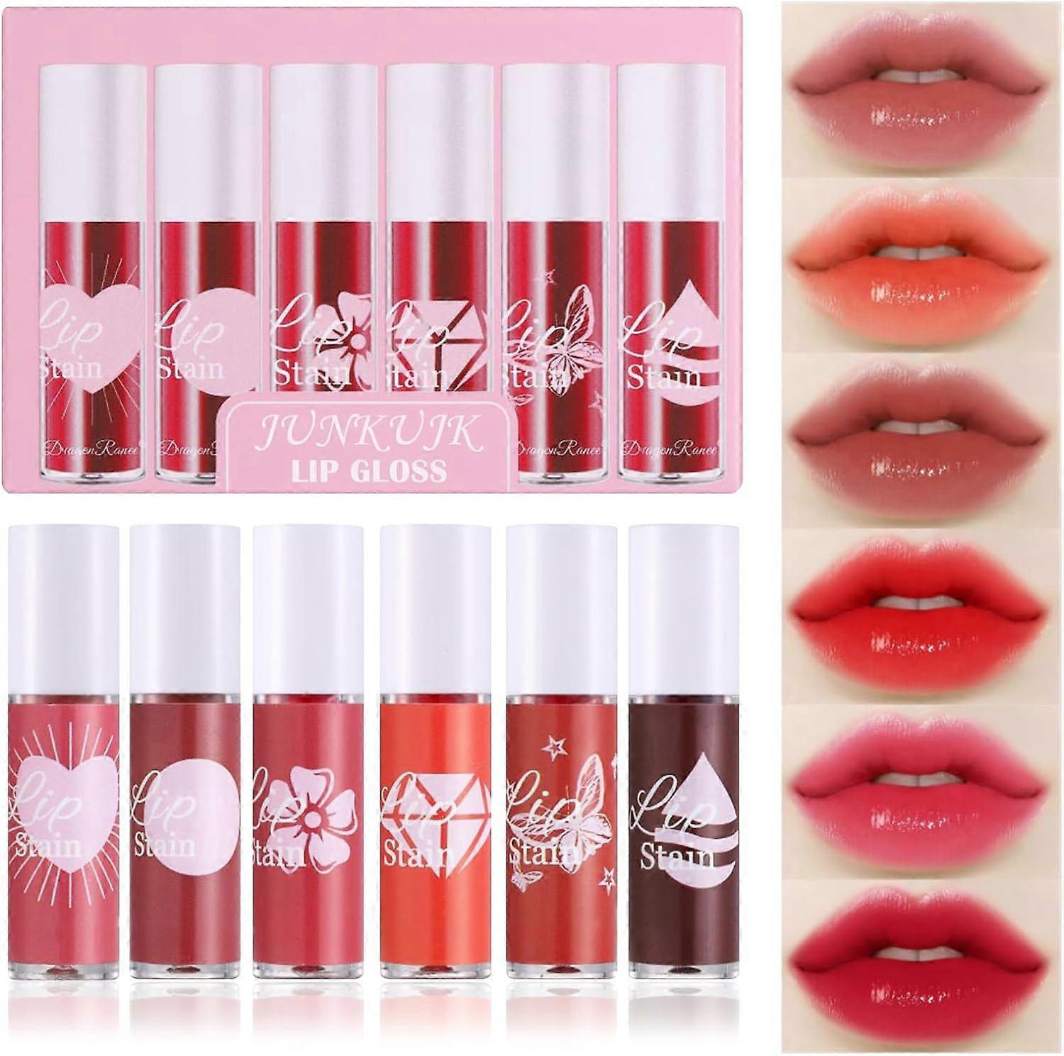 6 Colors Lip Tint Stain Set, Mini Liquid Lipstick Moisturizing Long Lasting Plumping High Pigmented Lip Gloss Set Waterproof Cheek Lip Tint Makeup