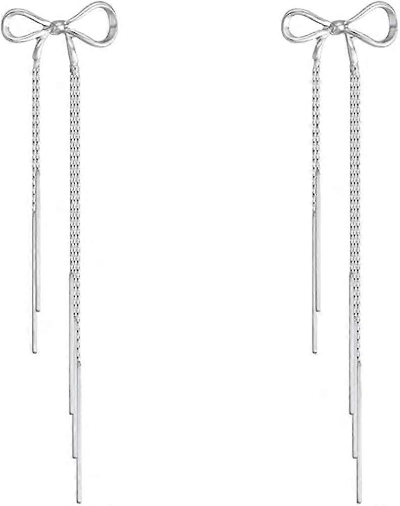 Chic Bow Knot Threader Dangle Stud fülbevaló minimalista pillangócsomó bojt Hosszú lánc Dangling Charm Drop Statement fülbevaló Finom ékszerek