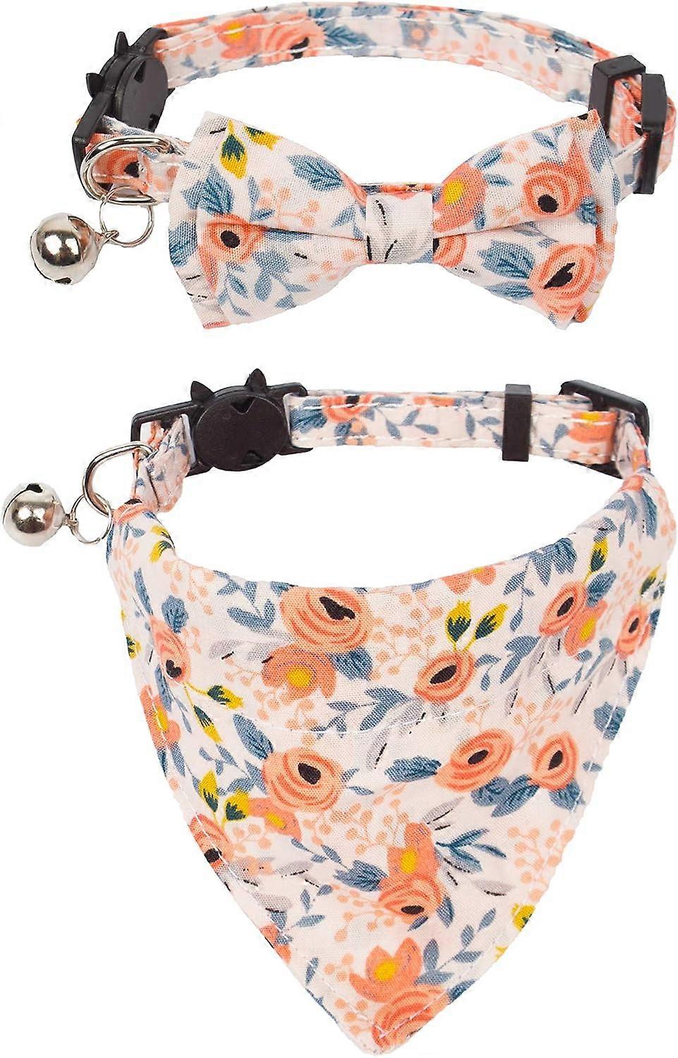 Cat Collar With Bow Tie Bandana, Kitten Collar With Removable Bowtie Bandana Cute Flower Pattern Cat Bowtie Bandana Collar For Cat Puppy-Blue