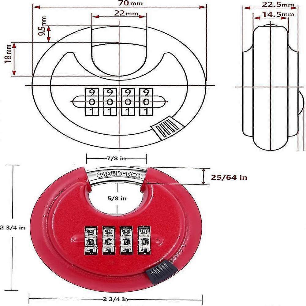 Lucchetto a disco combinato a 4 cifre con blocco in argento in acciaio temprato per capannoni, unità di stoccaggio, palestra e recinzione (grillo 25/64 ", rosso 1 pezzi)