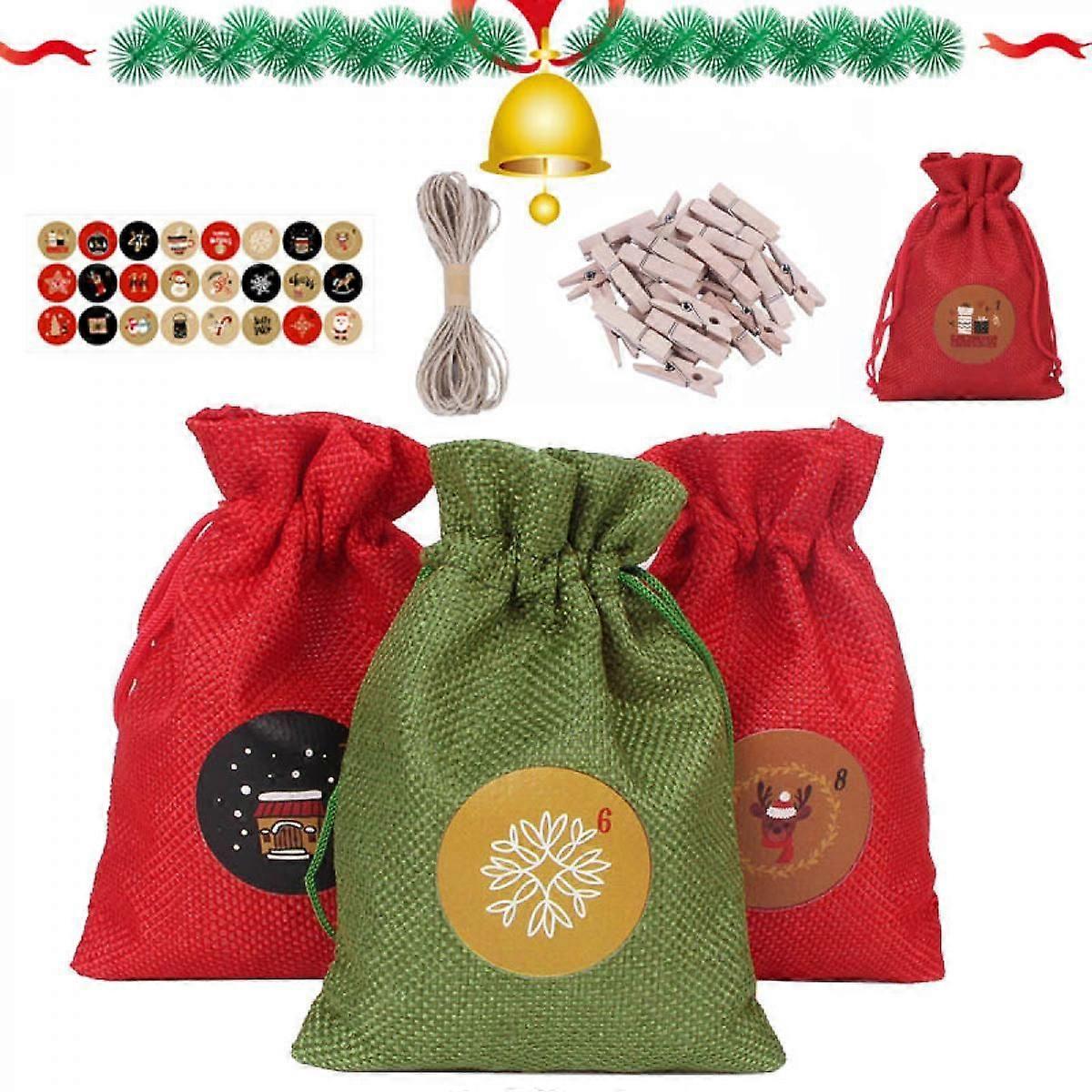 Christmas Advent Calendar Bags,24 Days 4x6inch Hanging Countdown Calendars,Plaid Drawstring Candy Gift Bag for Christmas Decoration (Red and Green)