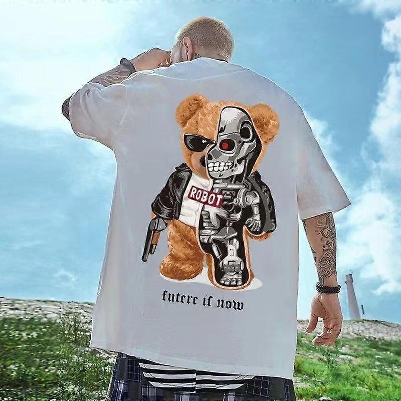 Męska męska koszulka z nadrukiem Robotic Bear Casual Bawełniane letnie ubrania Oddychające topy Luźna moda Sportowa koszulka