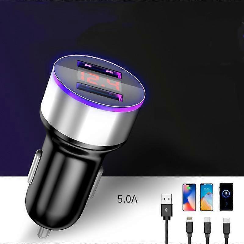 USB Car Charger Quick Charge - [Smart Detection Super Flash Charge] Silver + [Telescopic 3-in-1 Data Cable] (One Set)