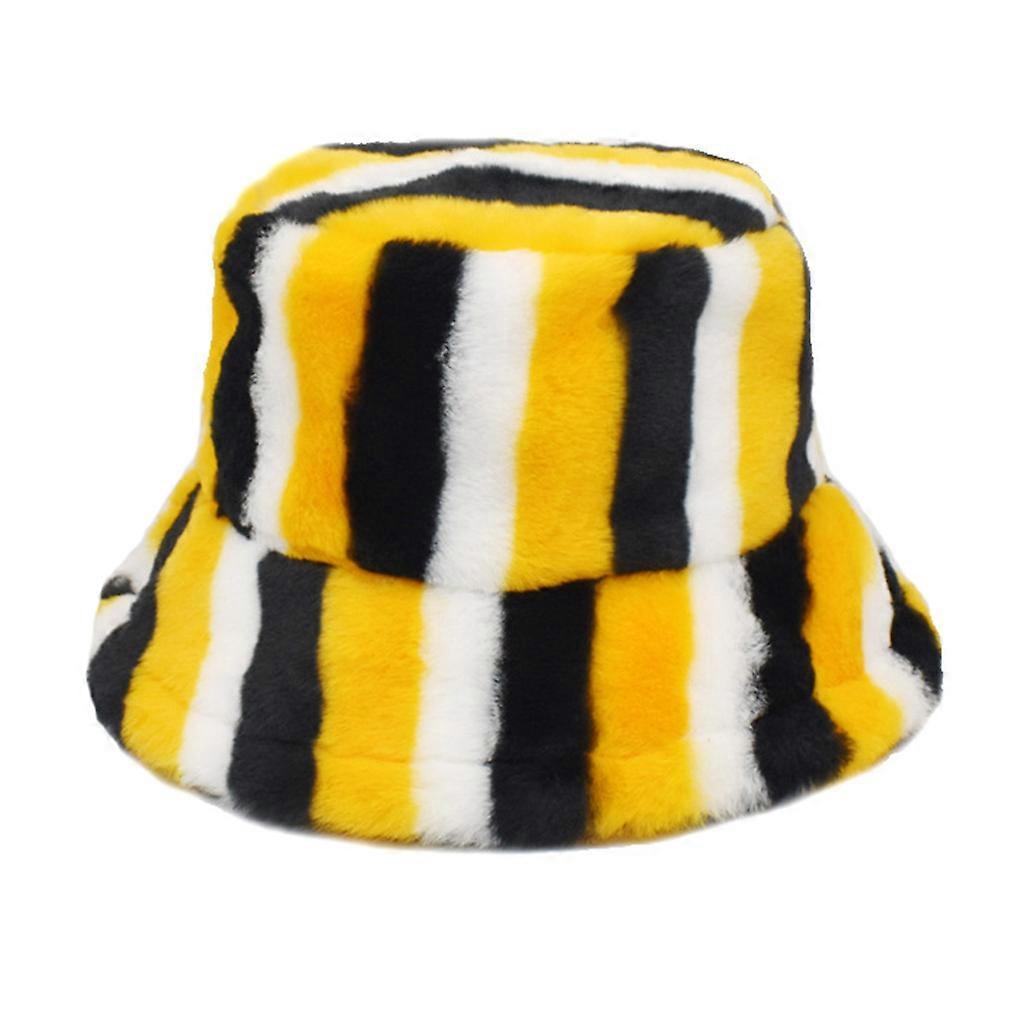 Faux Rabbit Fur Wool Hats Rainbow Stripes Plush Basin Hat Plush Wide Brims Caps Hipster Plush Hat Fluffy Bucket Hats  Yellow