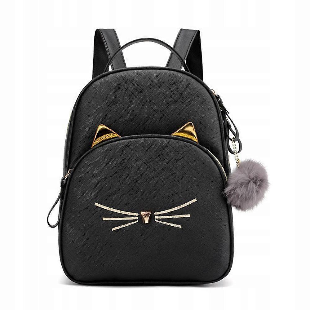 Black School Backpack Ears Cat Pompom