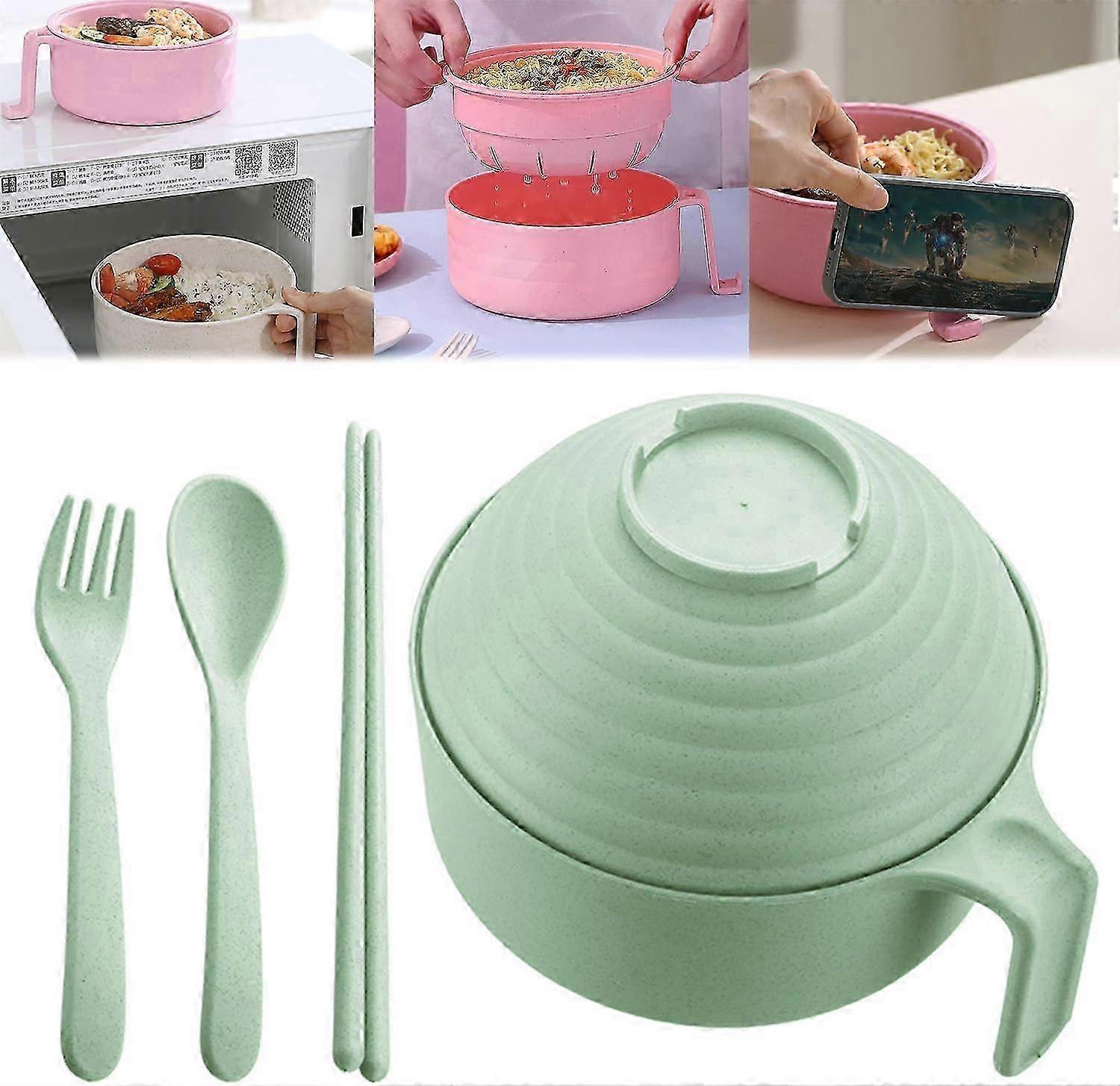 電子レンジラーメンボウルセット、箸&蓋付き - グリーン