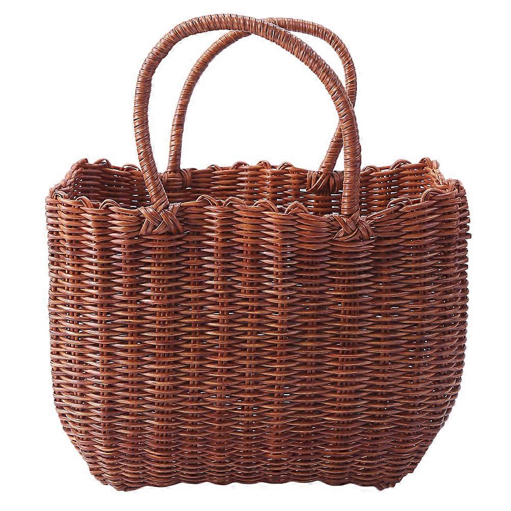 Portable Plastic Woven Tote Basket for Picnic, Home Storage, and Outdoor Use – Durable Natural Design, Ideal for Fruits and Vegetables, Chic Brown