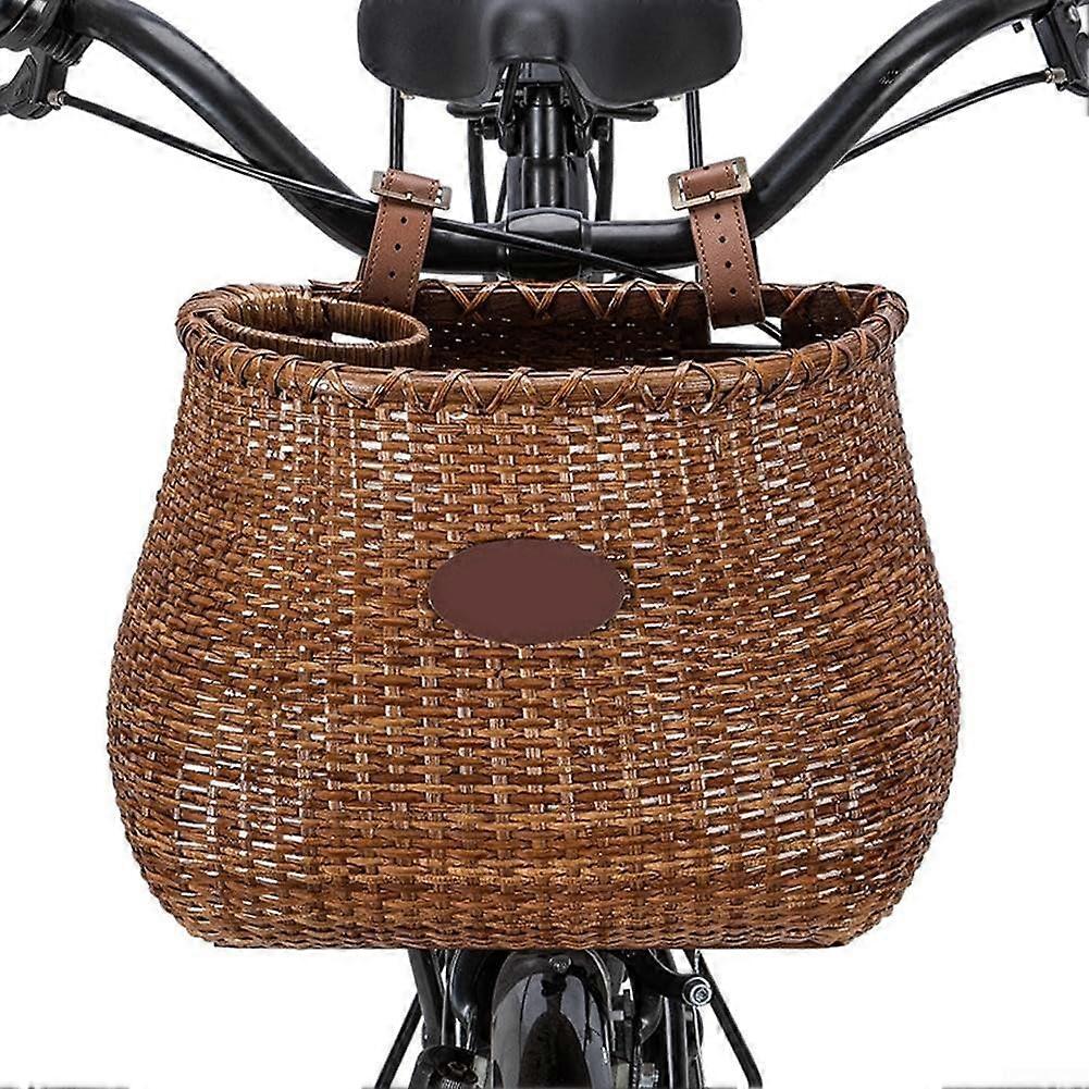 Bicycle basket with drink holder rattan design for stylish and practical use coffee color