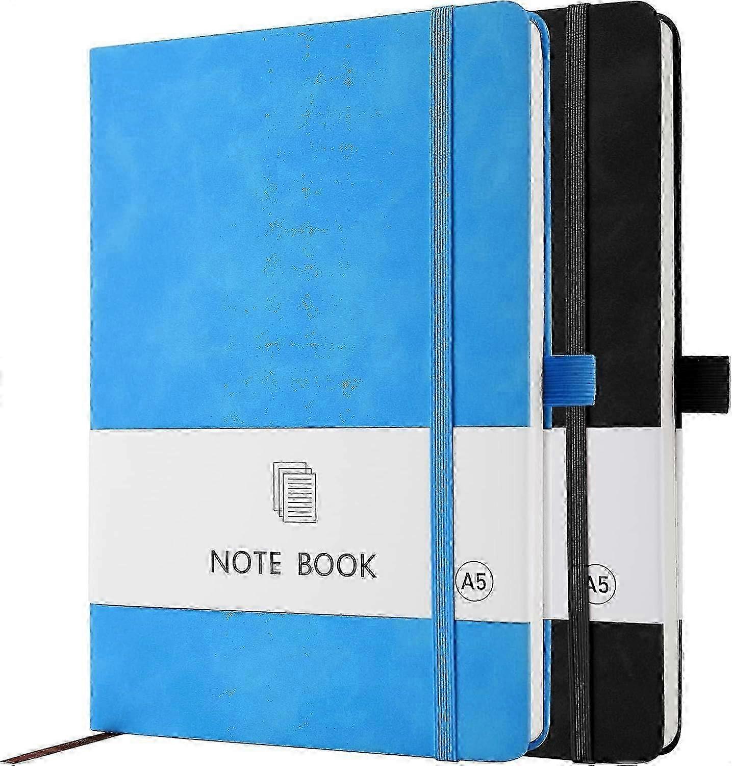 A5 Notebook, 2 Pack Notebook A5 200 Pages 100 GSM Journal Notebook Hardback Notepad with Bookmark, Pen Loop, and Elastic Closure (Black+Bright Blue)
