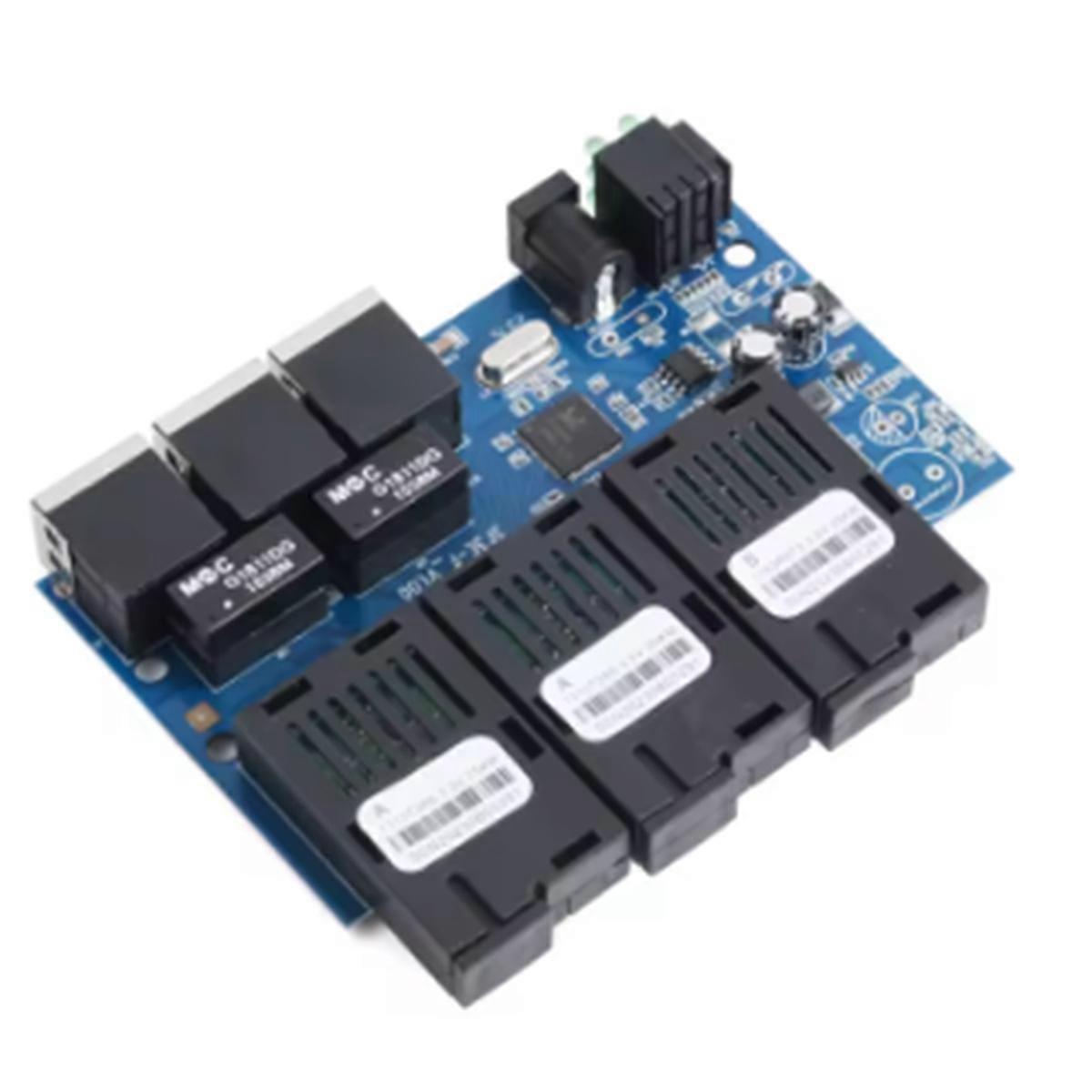 100M PCBA Board Fiber Optic Media Converter 3 RJ45 to 3 SC Optic Connector 20KM Ethernet Switch 1310nm/1550nm 2A+1B Port