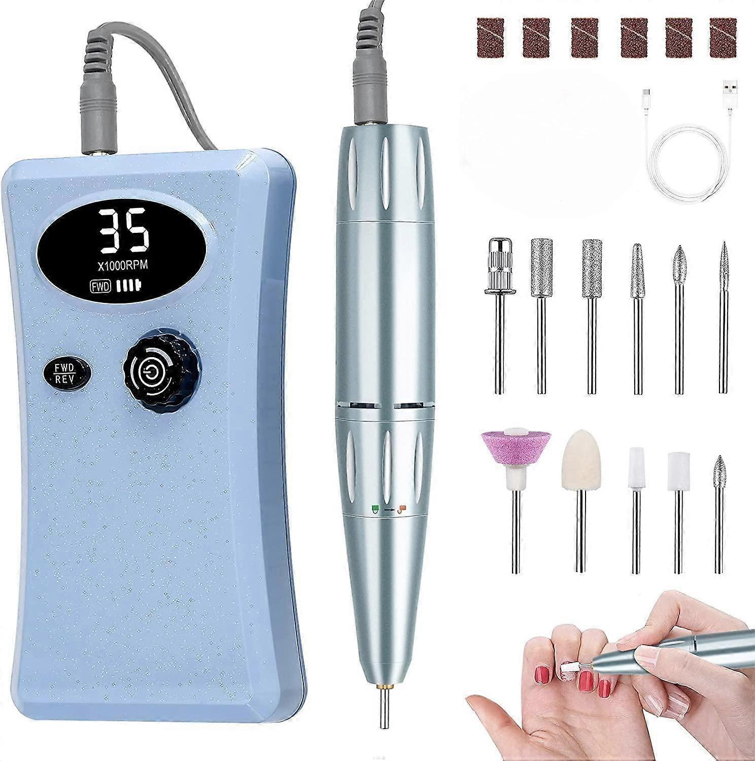 電気ネイルファイル、アクリルネイルとジェルネイル用、35000RPM充電式電気マニキュアとペディキュアセット、11ビット