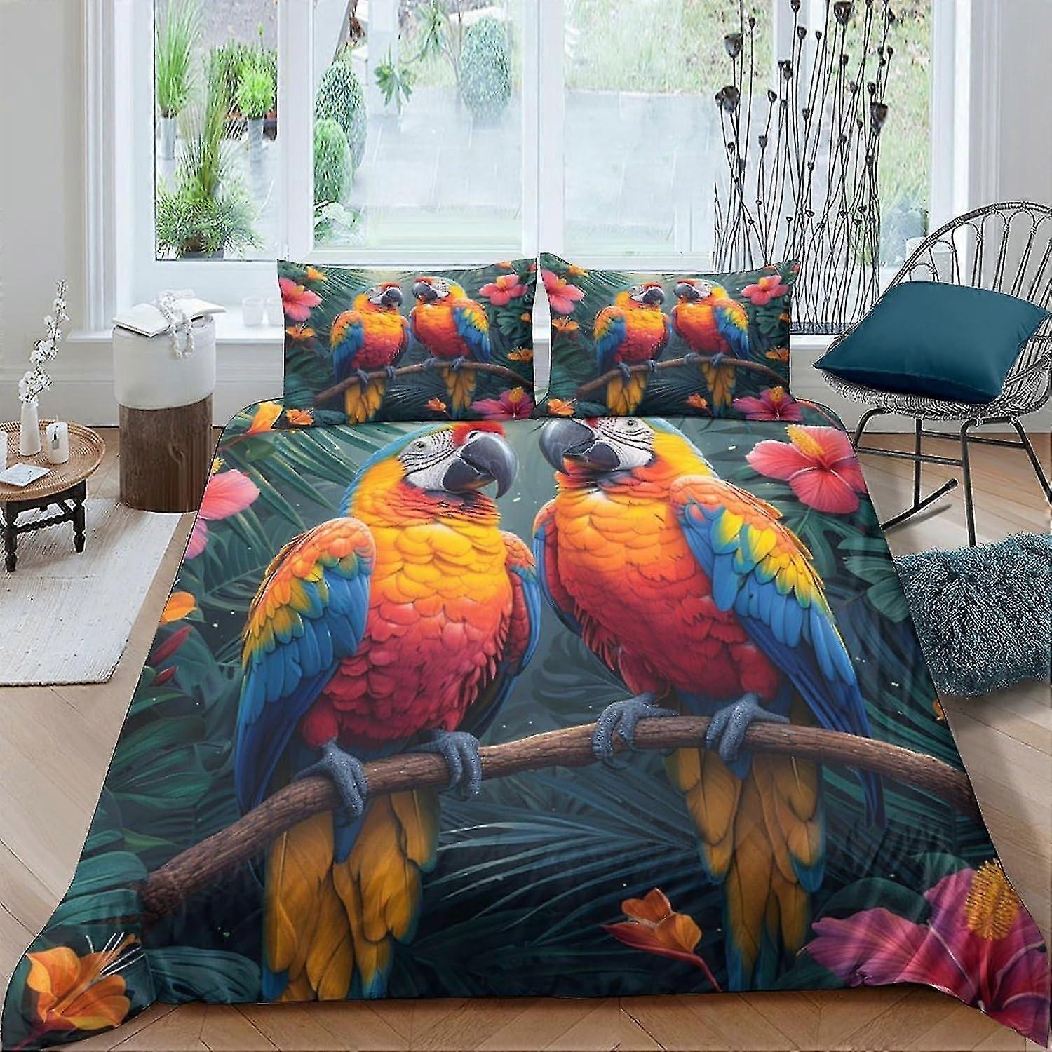 Conjunto de capa de edredão de papagaio dos desenhos animados Colcha 3D Capa de edredão de 3 peças com zíper Microfibra macia para crianças duplas