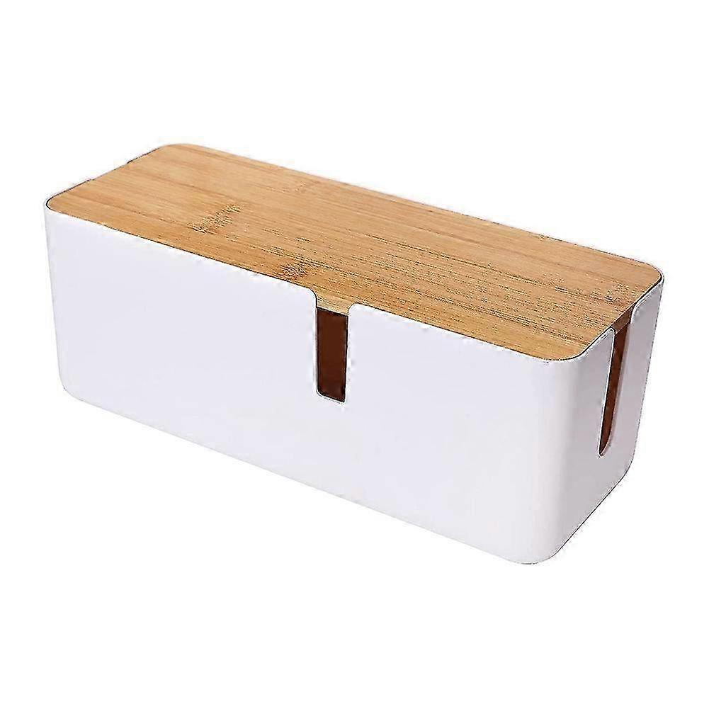 White Cable Management Box with Bamboo Lid - Organizer for Extension Cords & Power Strips - Home & Office Storage Solution