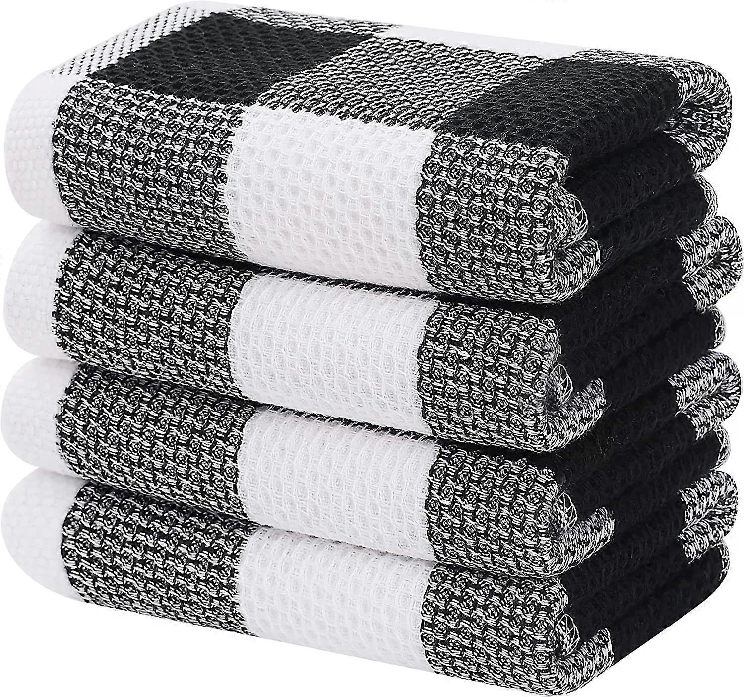 Toalhas de Cozinha, 4Pcs 100% Algodão Waffle Weave Check Plaid, 13x28 Polegadas, Super Absorvente Macio Reutilizável