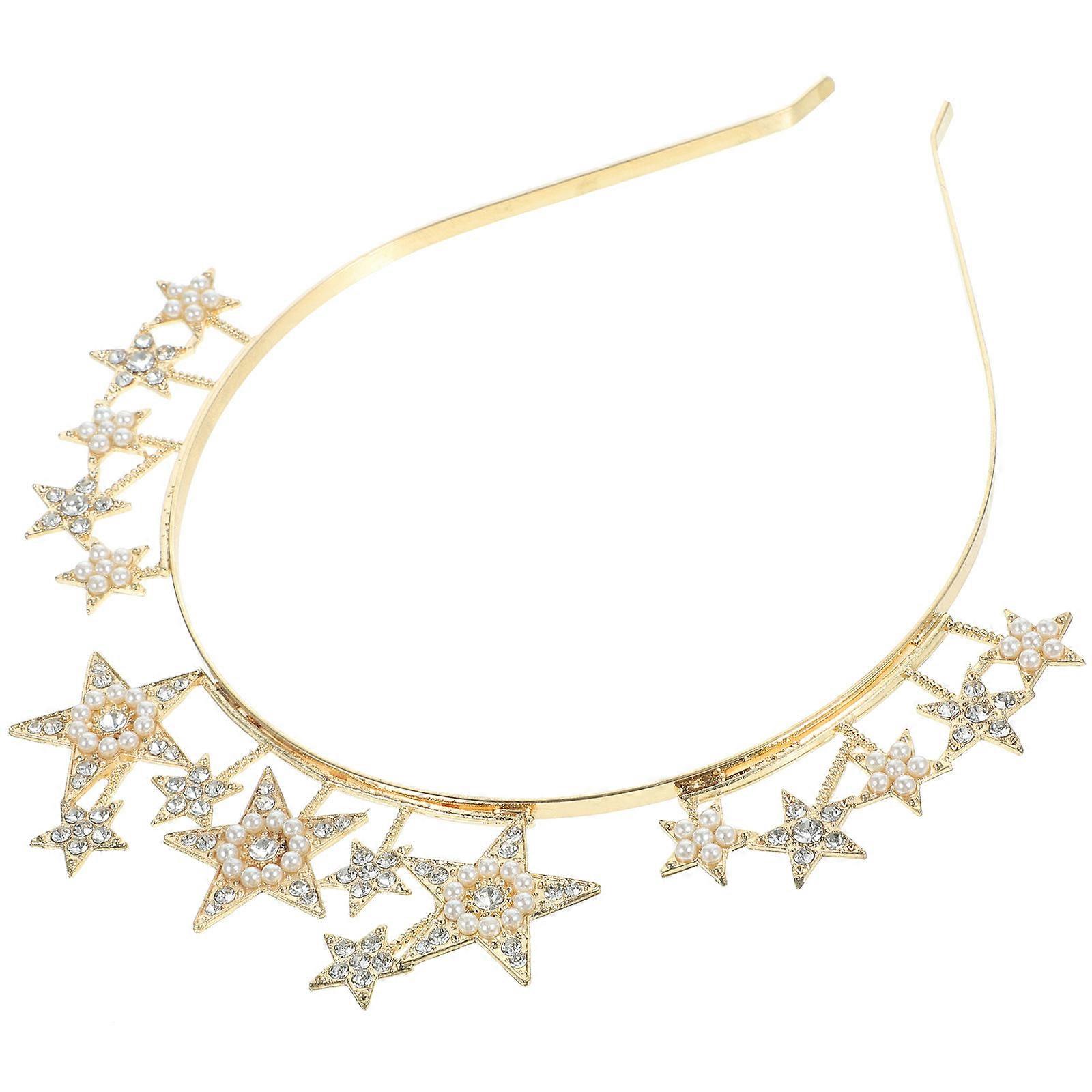 Golden Alloy Rhinestone Crown Headband for Wedding Bridal Crowns Shiny Chic Elegant Design 5 Pointed Star