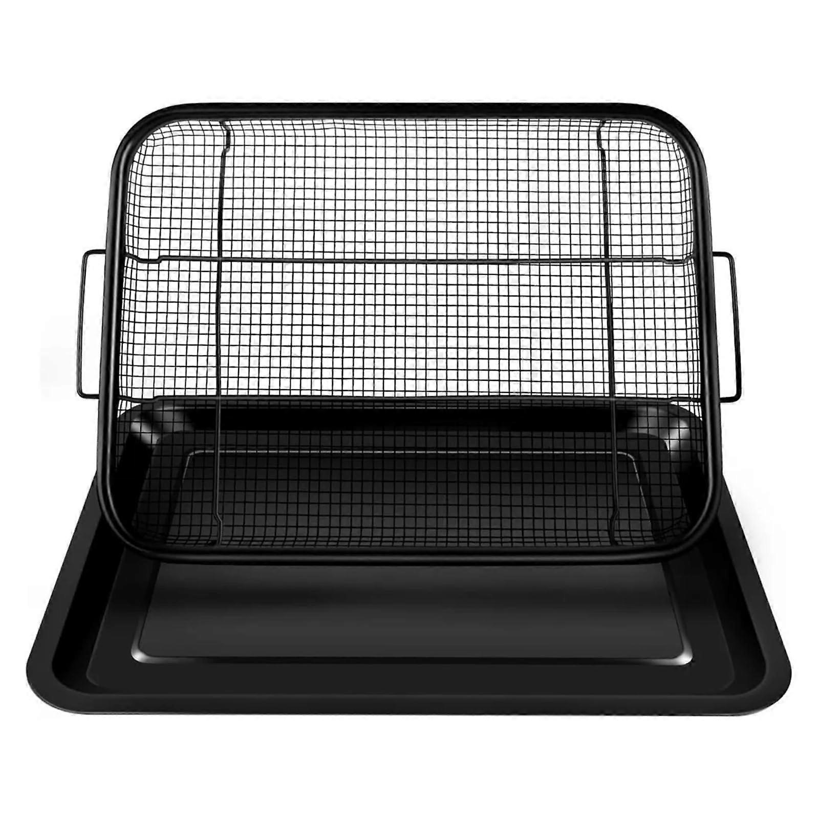 2 in 1 Oven Air Fryer Basket and Tray Frying Pan NonStick Basket Baking Tray Grill Net Kitchen Baking Utensils Set Black Ref: 2613