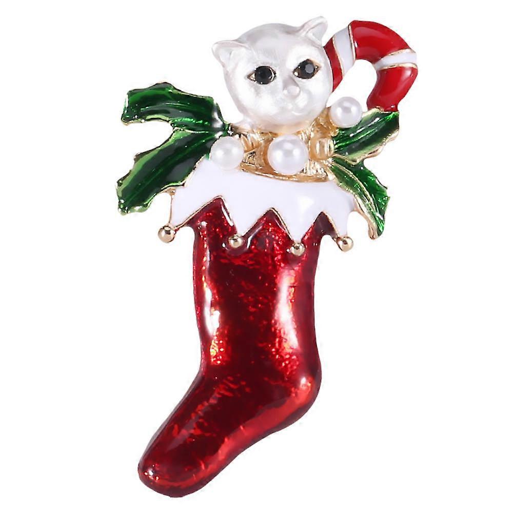 Creative Red Brooch with Christmas Sock Cat Design for Decor Alloy Fashion Element