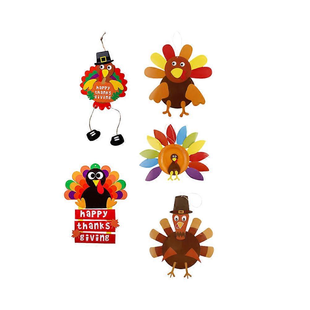 Thanksgiving Turkey Pendant Set with Assorted Colors and 1 Paper Tray for DIY Craft Decor 5 Pcs