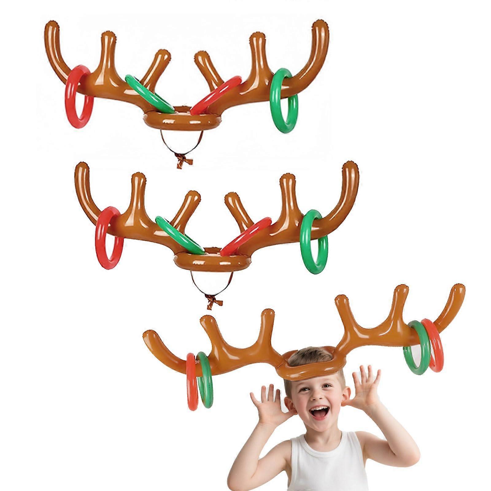 10 Pieces Inflatable Reindeer Antler Hat Ring Toss Game Set with 2 Antlers and 8 Rings for Christmas and Hawaiian Parties