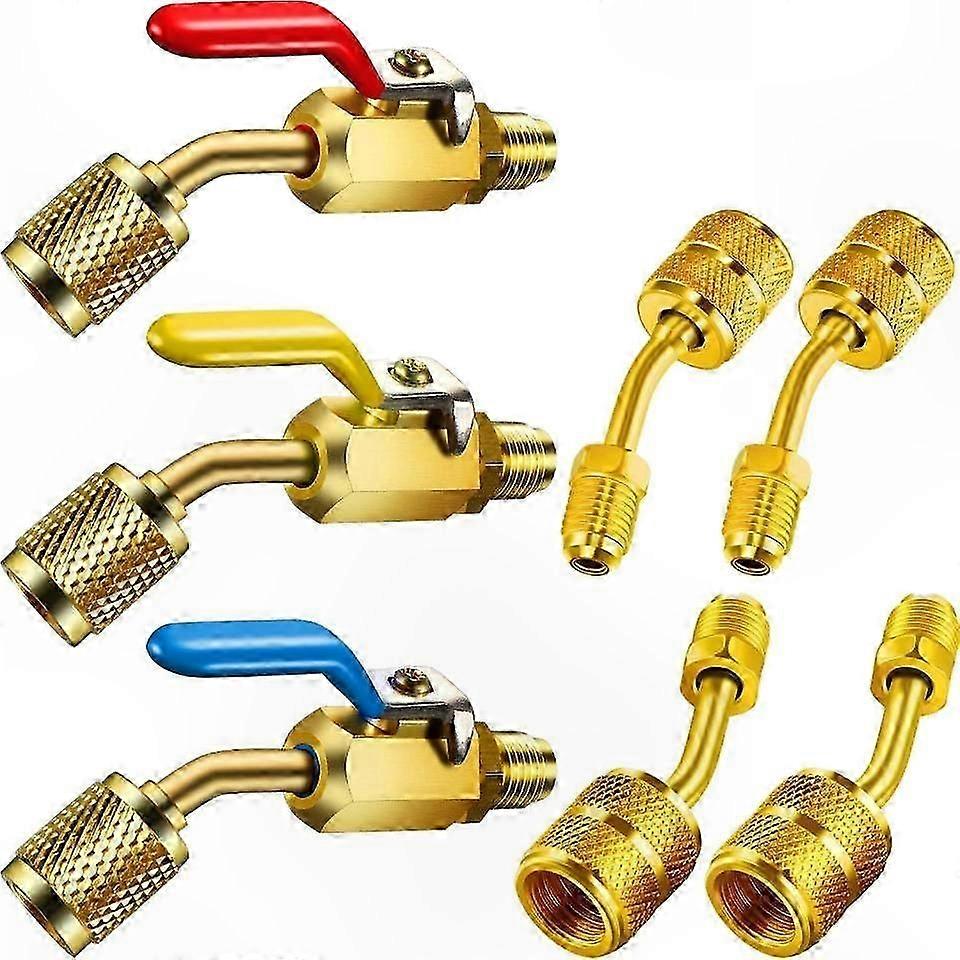 Compact Ball Valve with 3 Angles and 4 Adapters for AC HVAC Systems, Compatible with R410A R134A R12 R22 Refrigerants, SAE Connection
