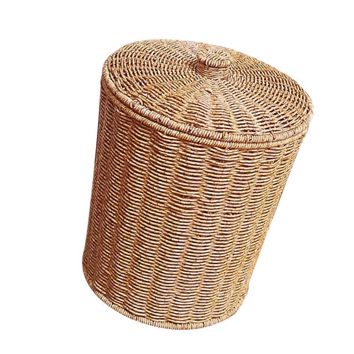 Imitation Rattan Trash Can With Lid, Woven Waste Basket, Kitchen Caddy For Home Decor, Office Trash Bin