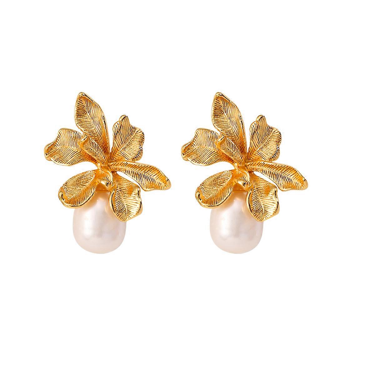 Brush Flowers Copper Plated 18K Real Gold Freshwater Pearl Earrings Women's French High-end Earrings-Golden