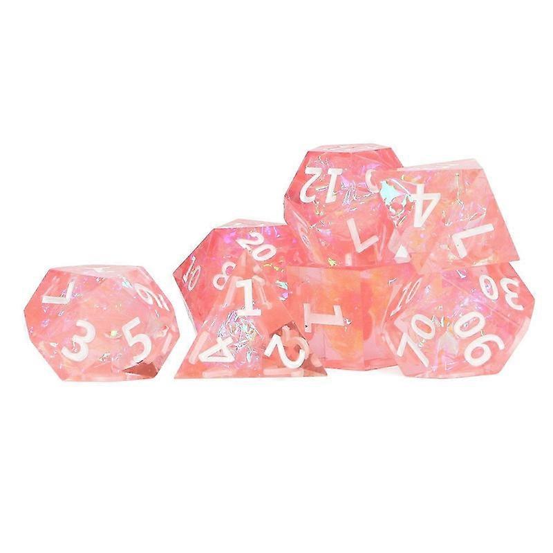 7pcs Dice Kit Incisive Edge Epoxy Resin Multi Faceted Pink Translucent Dice Set for Game