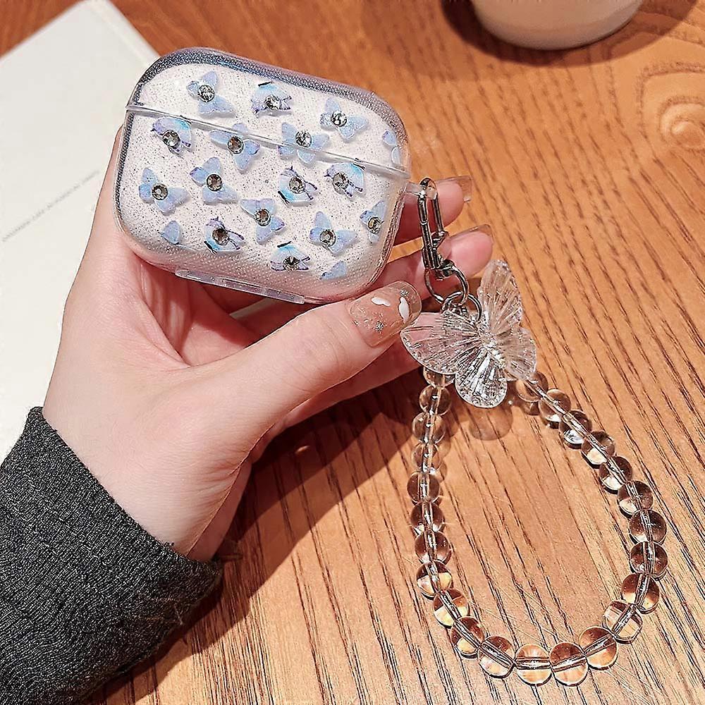 For Apple AirPods 1 2 3 Earphone Case Butterfly Glitter Clear Case with Keychain Chain for Air Pods Pro 2 Bluetooth Headset~005139