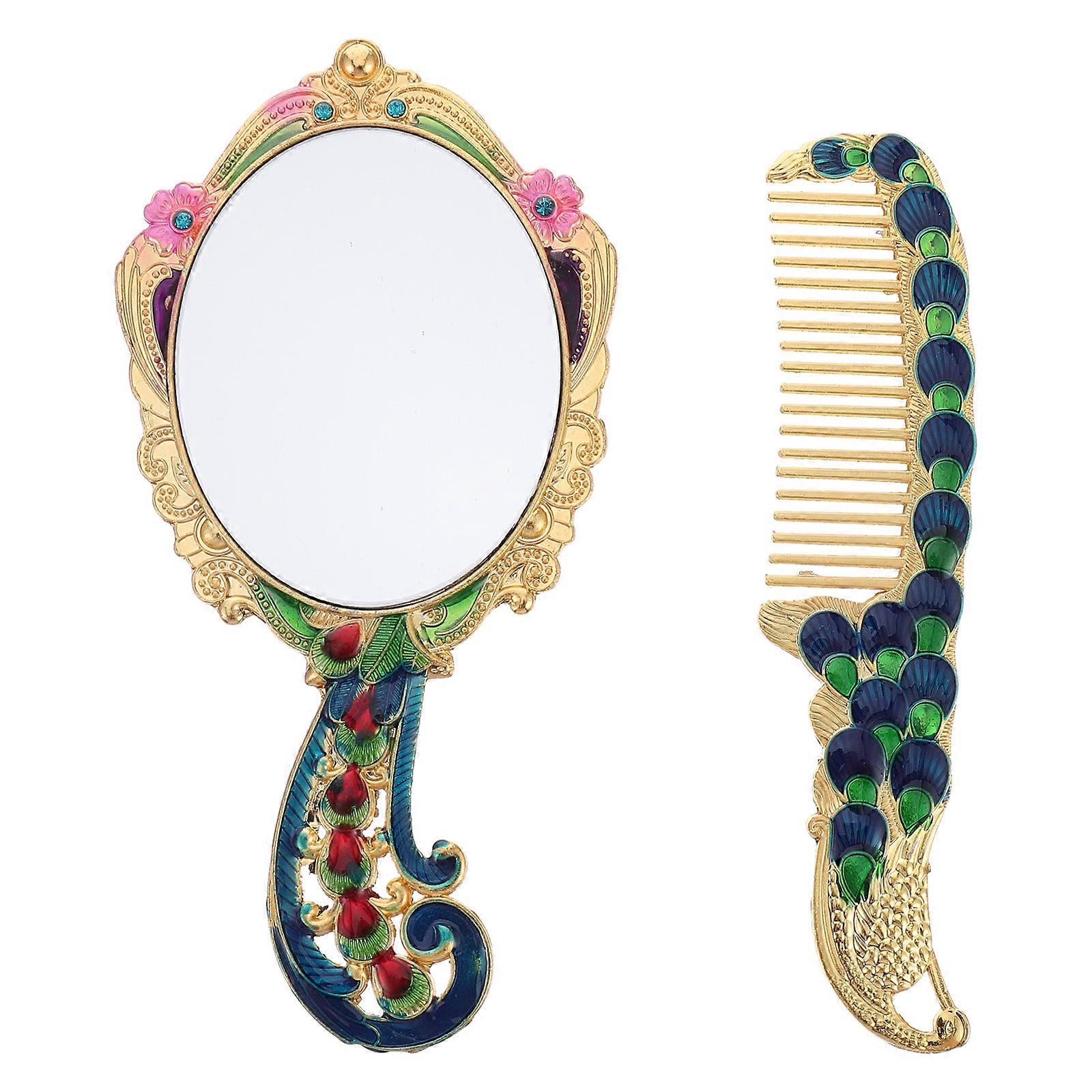 Portable Vintage Makeup Mirror with Comb Set Handheld 4Pcs for Makeup