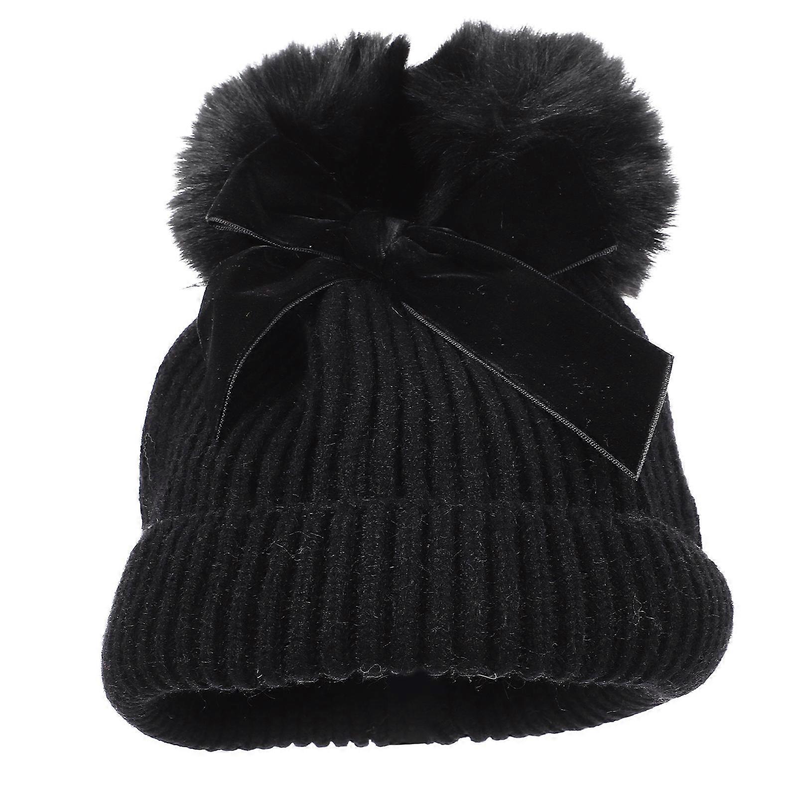 Children Warm Knitting Hat Cute Winter Hat with Bow 2Pcs