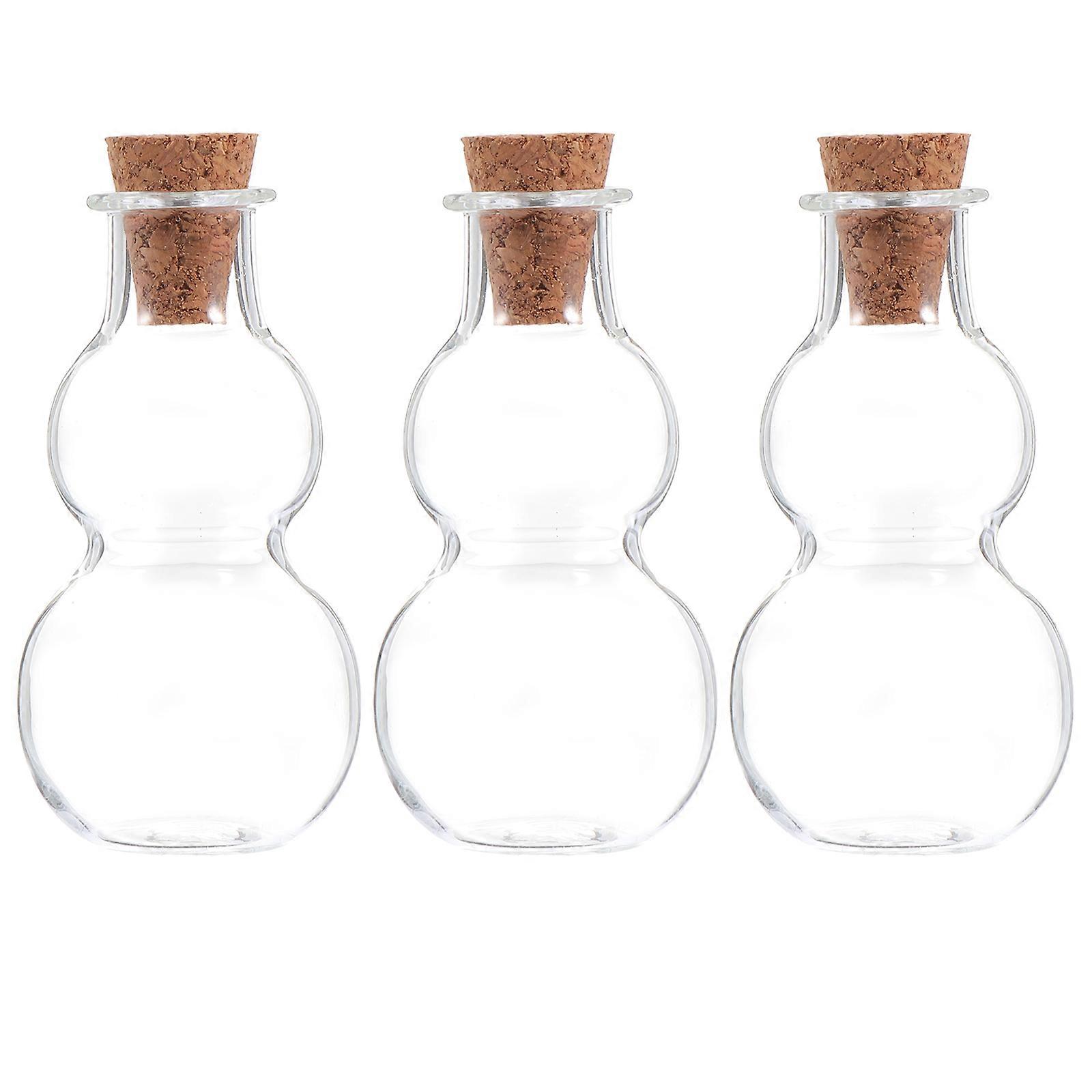 3Pcs Transparent Glass Corked Bottle for Decor Gourd Shape Jar