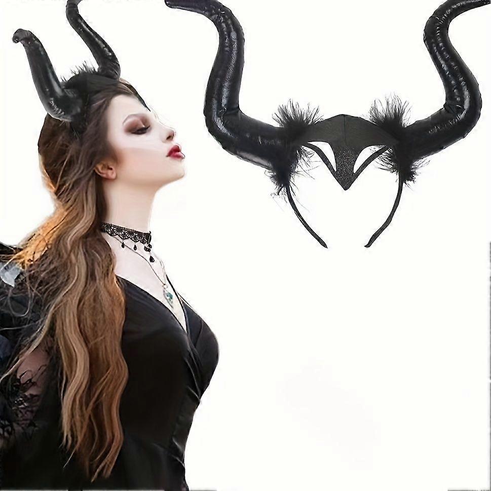 Halloween Horns Headband in Retro - Punk Style with Anime Pop Art, in Black, with Plush Feathers, for Festive Occasions