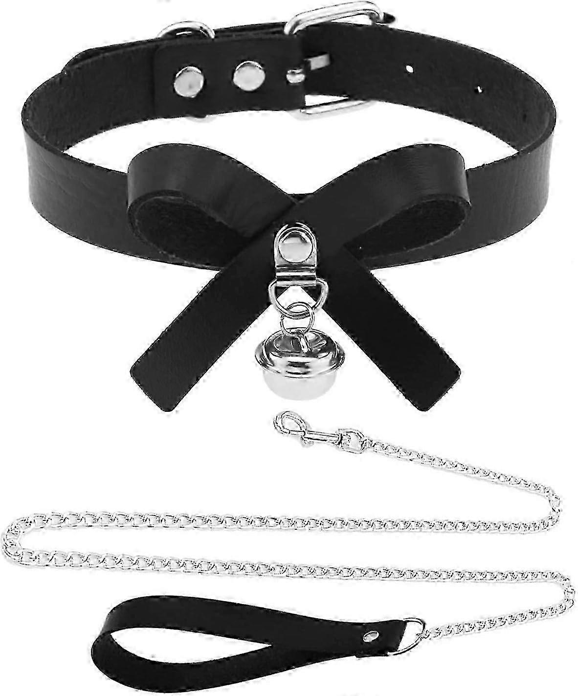 Black Leather Bow Collar with Bell,Adjustable PU Necklace with Chain Leash Set