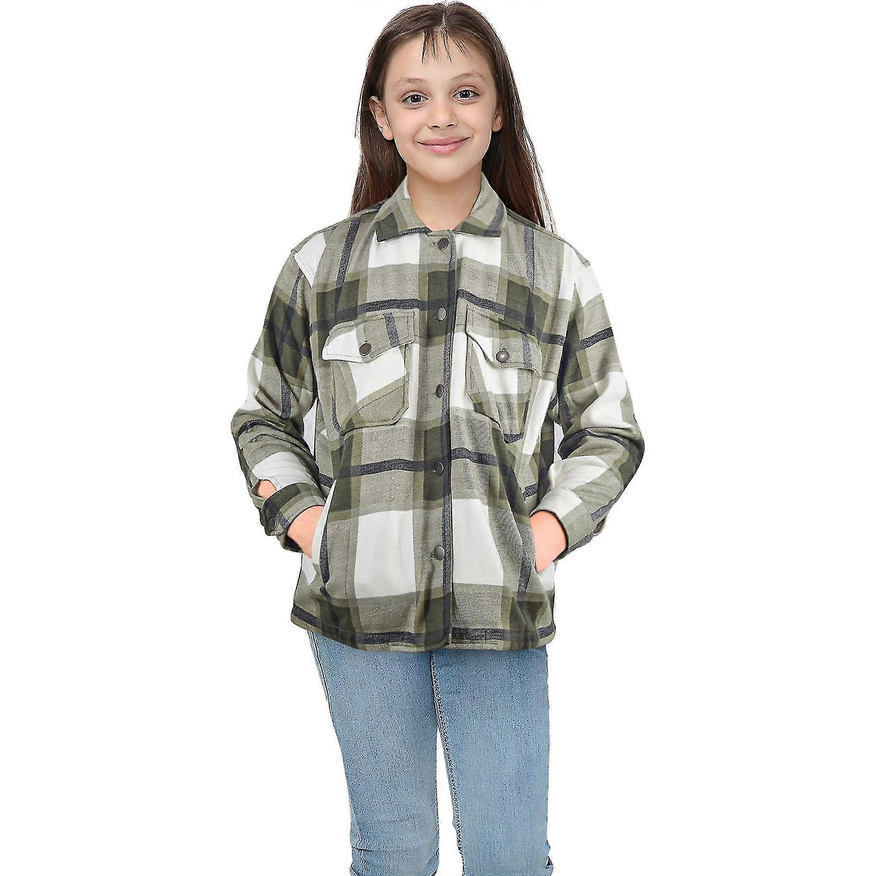 Girls Plain Collared Khaki Check Outerwear Jackets