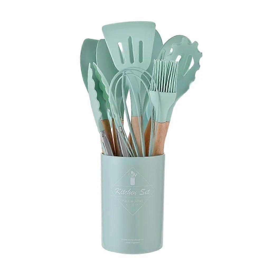 Silicone Kitchen Utensils Set 12PCS NonStick Cooking Tools with Wooden Handles for Baking and Frying (Mint)