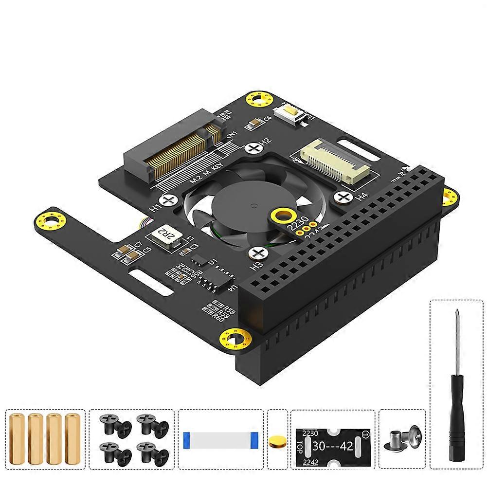 For Raspberry Pi 5 M.2 NVME to PCIe Adapter Supports M2 2230 2242 M Key NVME SSD with Cooler Automatic Discoloration LED