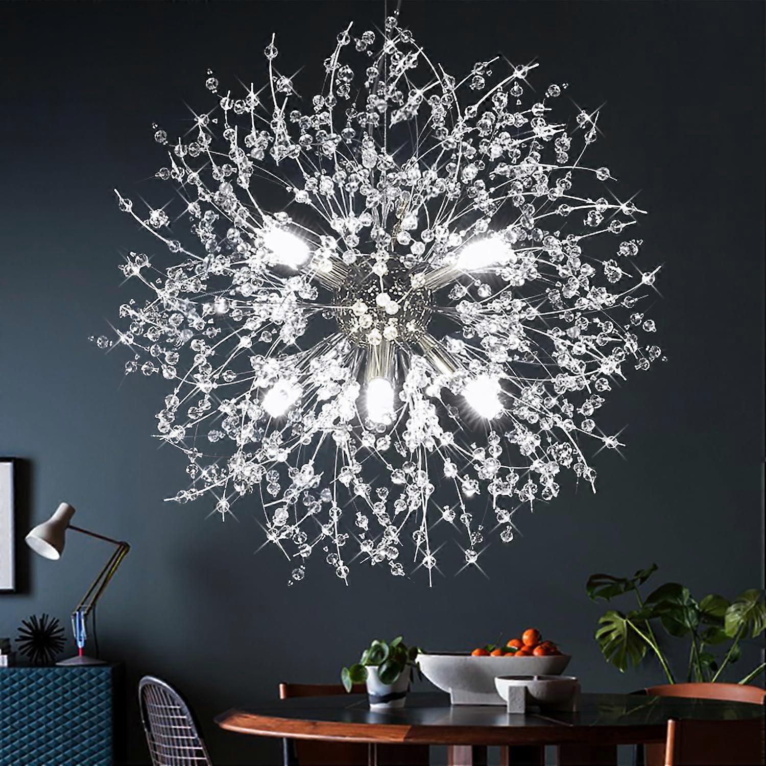 Crystal Chandelier Dandelion Firework Design 8Light Chrome Modern Pendant for Dining Room