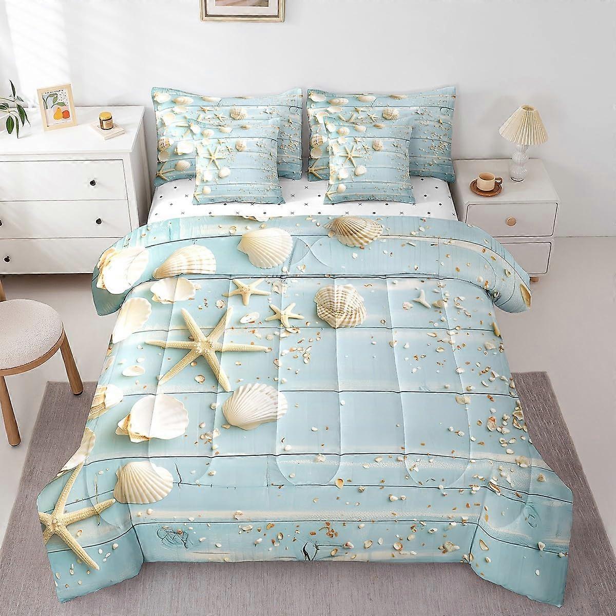 Bed in a Bag Full Size Comforter Set 7 Piece Blue Coastal Ocean Theme Bedding with Decorative Pillows