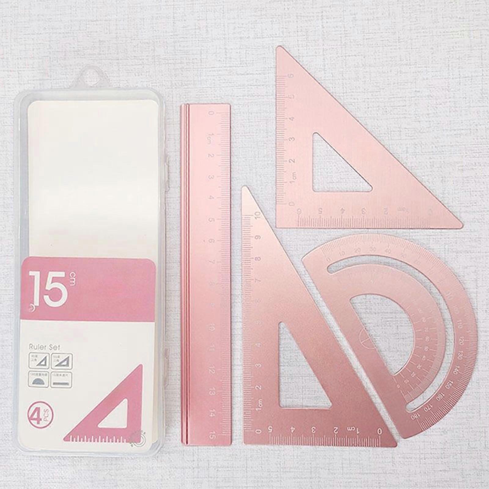 Yhmxh Metal Math Geometry Set, 4 Pcs Drafting Ruler Kit with Protractor, Aluminum Triangle & 6" Straight Rulers, Teaching Measuring Tool for Office