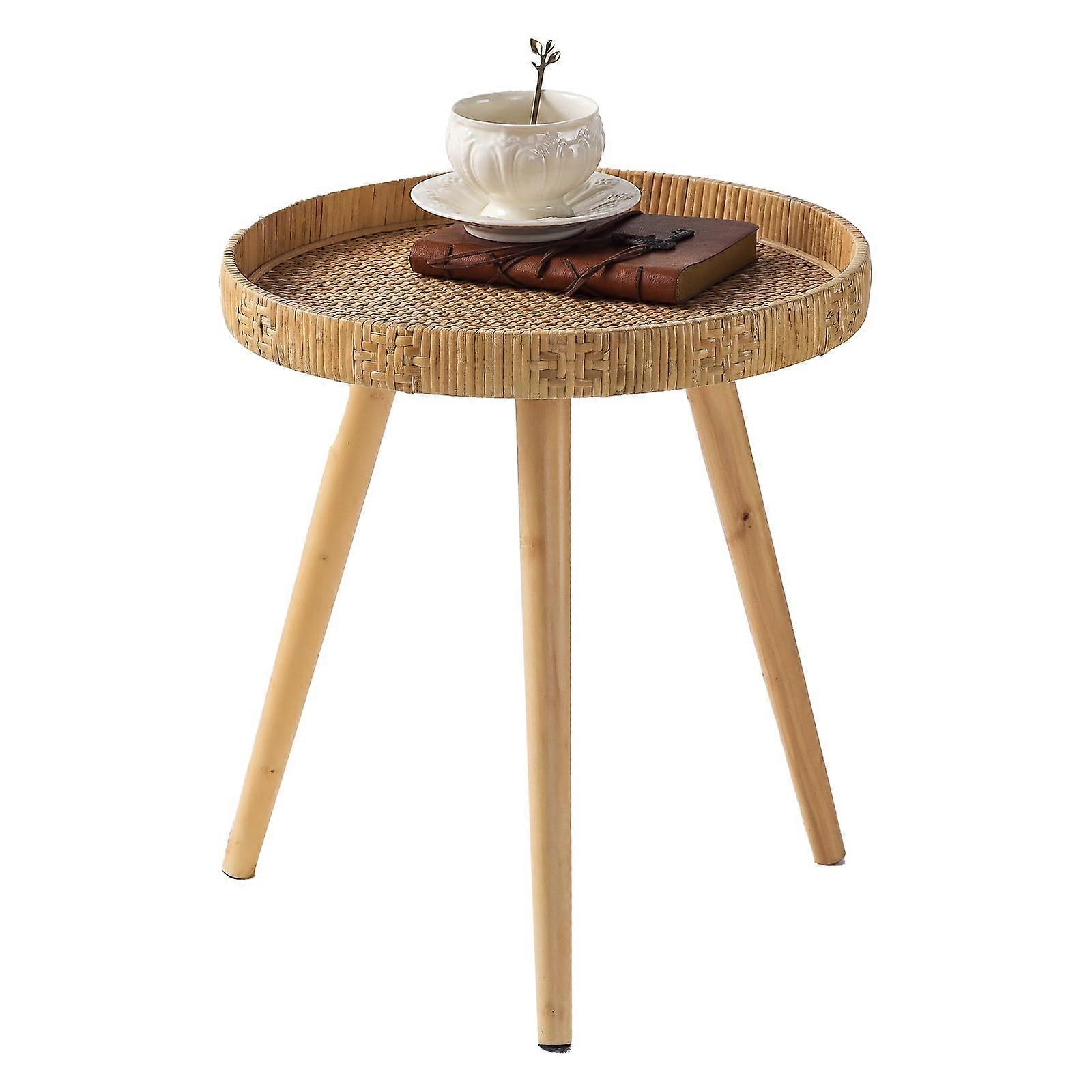 Boho Rattan Side Table with Solid Wood Legs, Small Round Coffee Table for Living Room or Bedroom