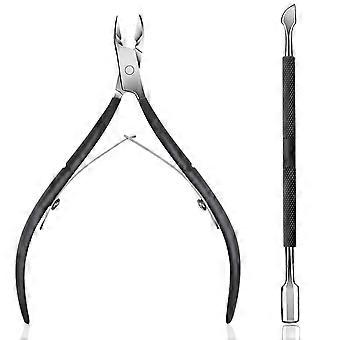 Professional Stainless Steel Cuticle Nipper and Dual End Pusher Set for Manicure Pedicure Black