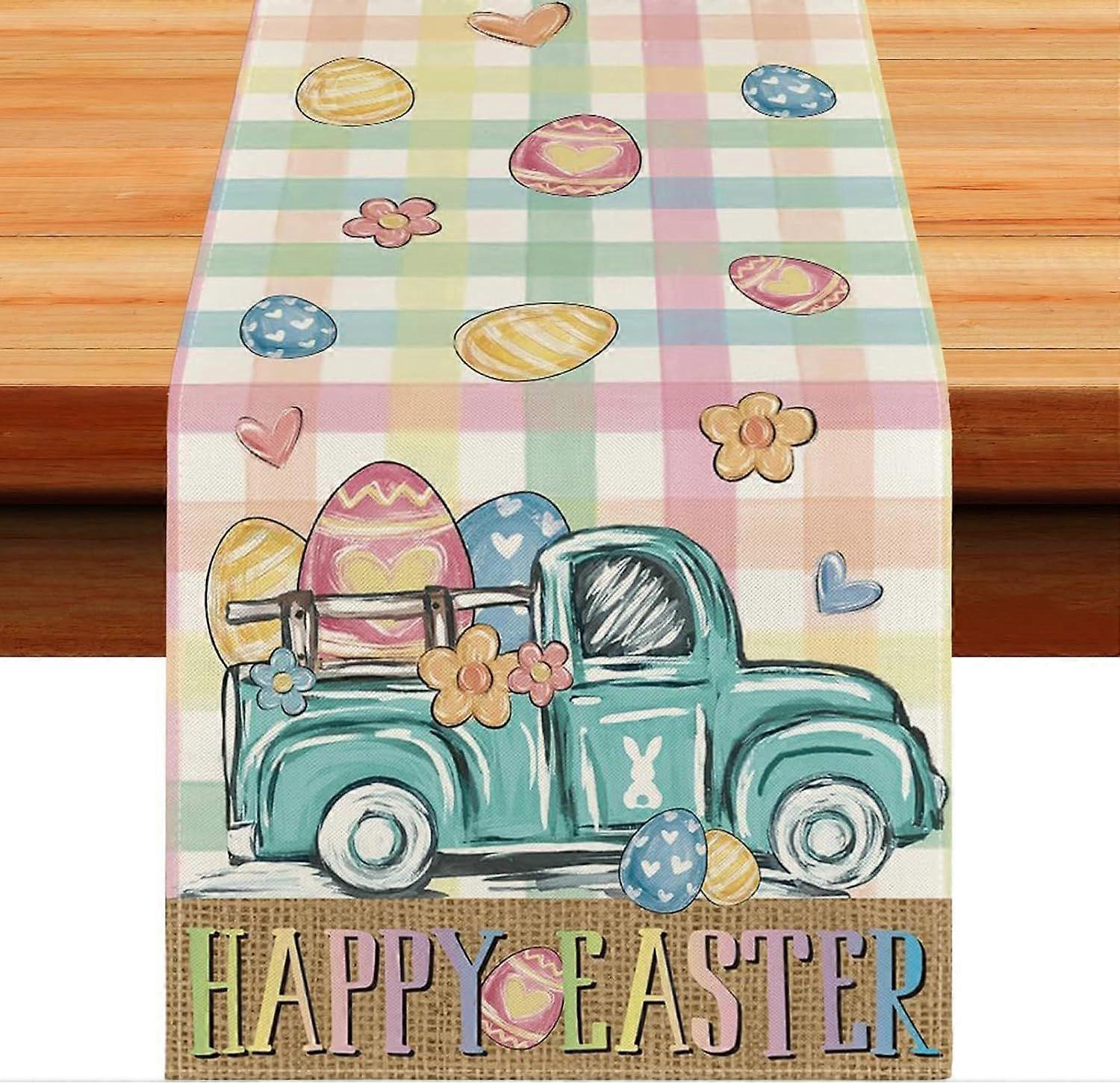 Easter Egg Table Runner, Easter Egg Truck Tablecloth, 33 x 183cm Linen Easter Tablecloth, Spring Easter Tablecloth, for Spring Kitchen Table Decoratio