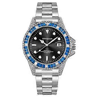 Luxury Silver-Tone Watch with Blue Bezel and Diamond Accents - Automatic Mechanical Movement, Water Resistant up to 30M