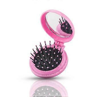Opvouwbare Travel Mirror Haarborstels, Pocket Haarkam, Haarborstel met Spiegel, Ronde Mini Haarborstel voor Vrouwen en Meisjes (Roze)