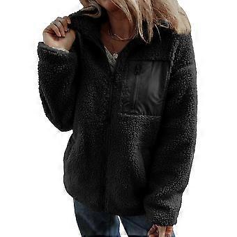 Dame Cozy Teddy Fleece Frakke med Lynlås, Løs Pasform og Lommer, Sort M
