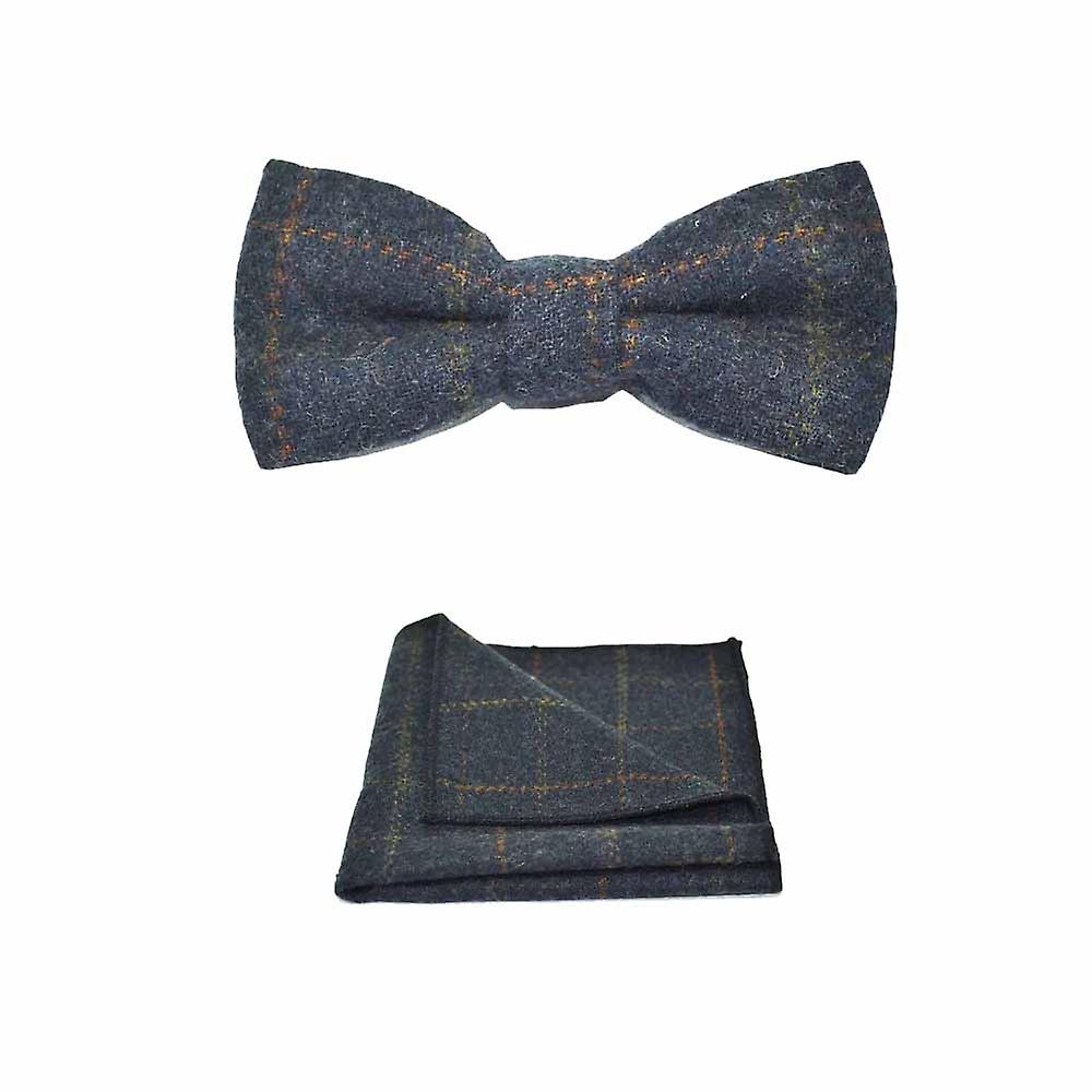 Heritage Check Navy Blue Bow Tie &amp; Pocket Square Set
