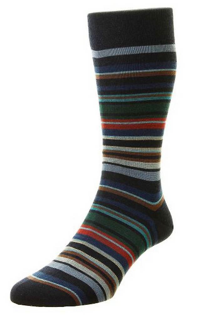 Pantherella Quakers All Over Multi Stripe Merino Wool Socks - Navy