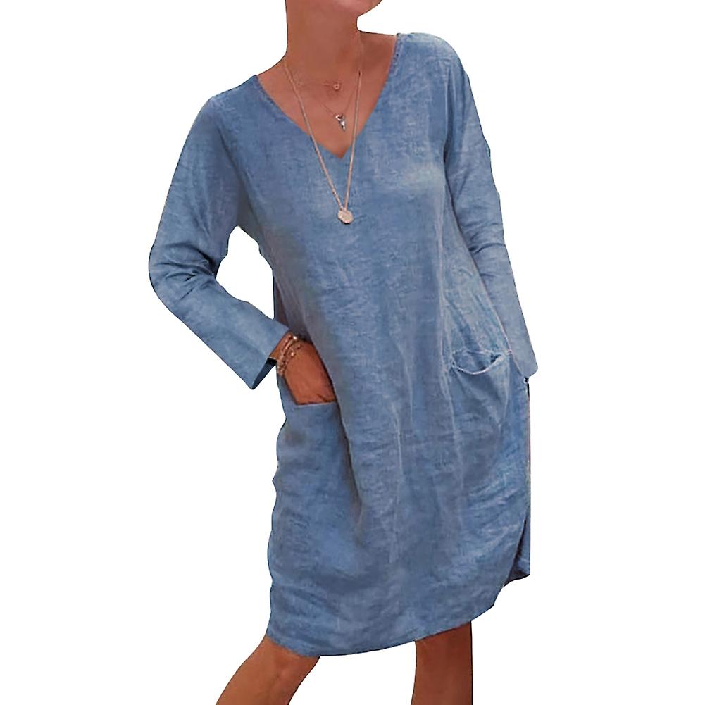 Femmes Casual À Manches Longues Col V Poches Lâche Coton Lin Robe Longueur Genou